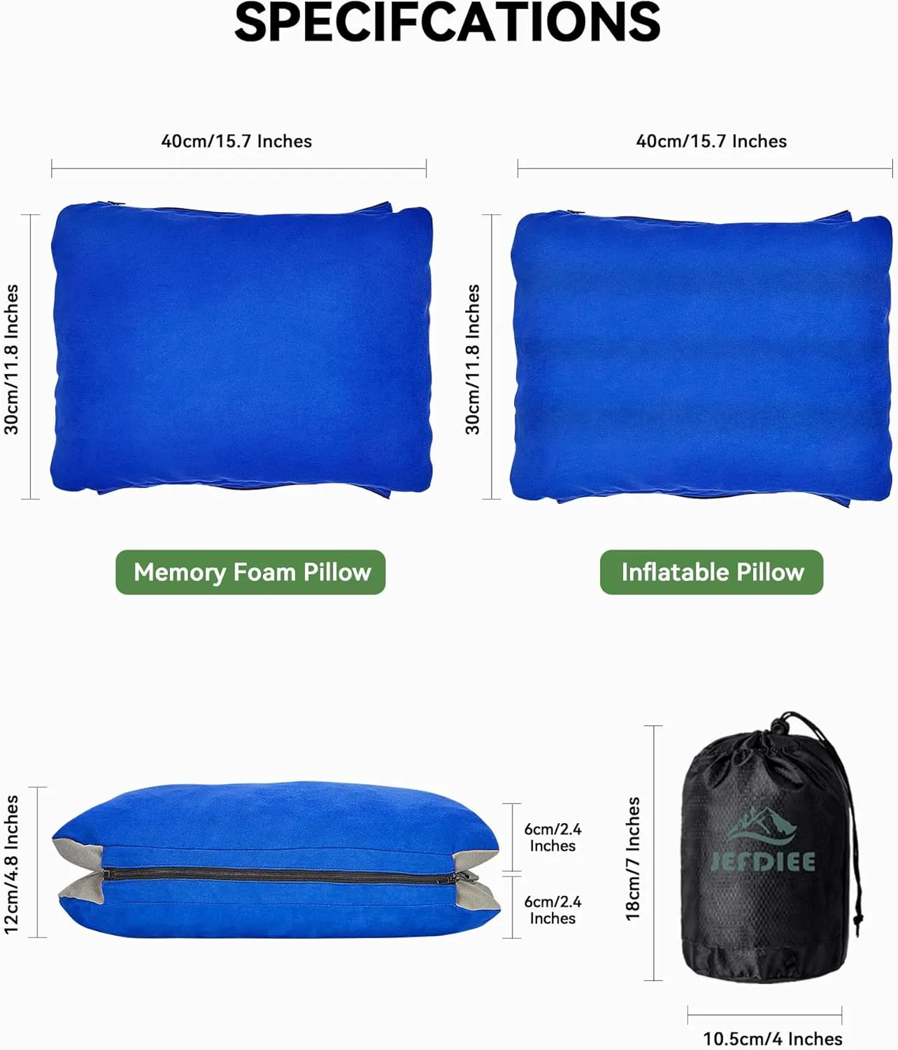 JefDiee Inflatable Camping Lumbar Pillow with Memory Foam and Washable Cover Travel Pillow for Airplanes, Camping (Blue M)
