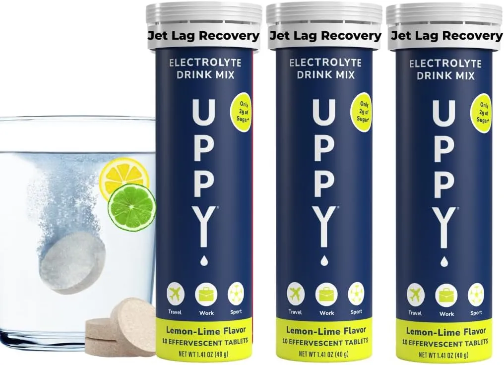 Jet Lag Relief Travel Essential: 30 Hydration Tablets with Electrolytes, Lemon-Lime for Travel, Sports, Party (Pack of 3 x 10)