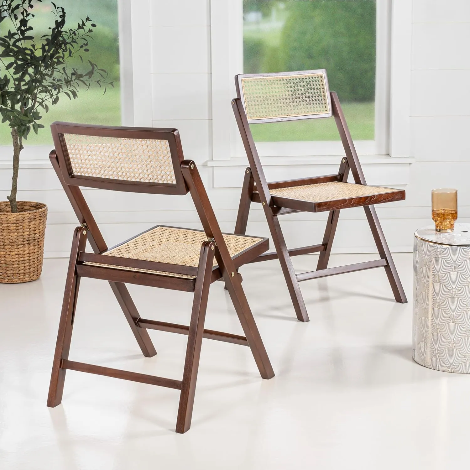 JONATHAN Y FLD1000B-SET2 Theo Mid-Century Vintage Wood Rattan Folding Chair with Adjustable Back Modern, Traditional, Bohemian, Classic, Scandinavian, Minimalist, Dark Brown (Set of 2)