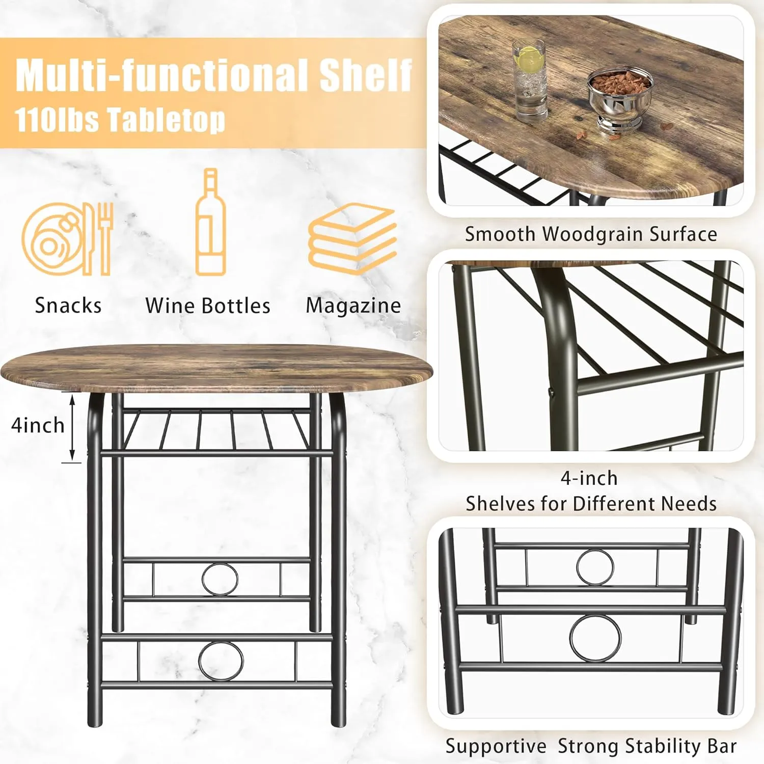 JUMMICO 3-Piece Wooden Round Table & Chair Set, Space Saving Kitchen Breakfast Nook Wood Grain Tabletop with Metal Frame and Built-in Wine Rack for Kitchen, Dining Room (Walnut/Black)