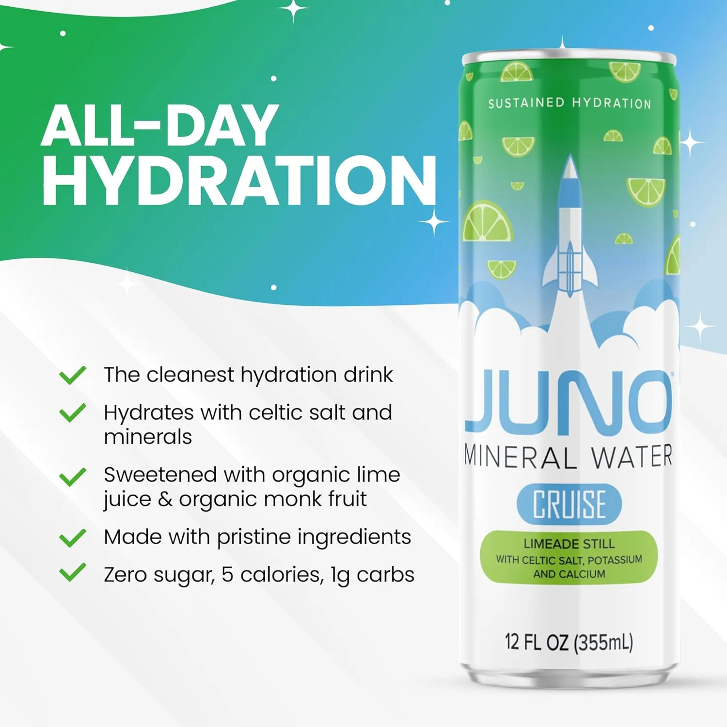 JUNO Cruise Limeade Still Hydration Drink - Organic Monk Fruit, Organic Lime Juice & Essential Electrolytes like Celtic Salt, Potassium, Calcium - Premium Hydrating Beverage, 12 Pack