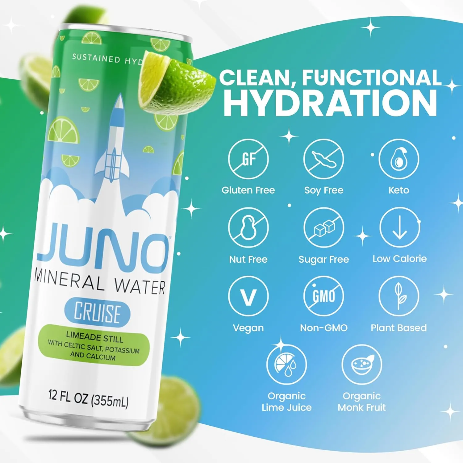 JUNO Cruise Limeade Still Hydration Drink - Organic Monk Fruit, Organic Lime Juice & Essential Electrolytes like Celtic Salt, Potassium, Calcium - Premium Hydrating Beverage, 12 Pack