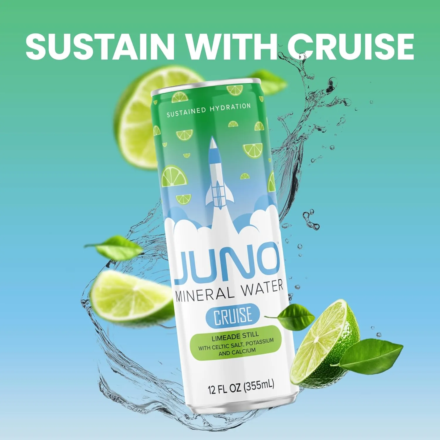 JUNO Cruise Limeade Still Hydration Drink - Organic Monk Fruit, Organic Lime Juice & Essential Electrolytes like Celtic Salt, Potassium, Calcium - Premium Hydrating Beverage, 12 Pack