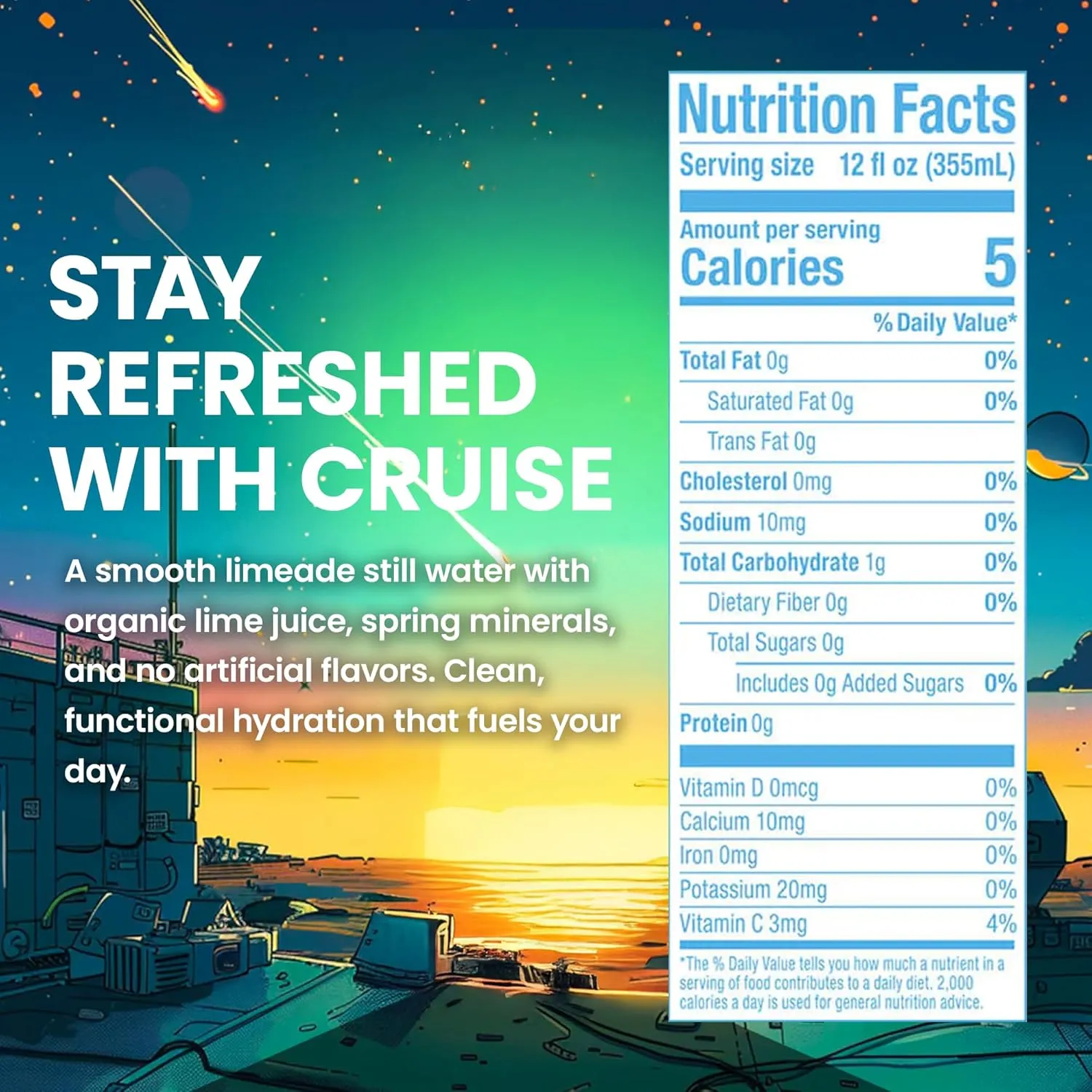 JUNO Cruise Limeade Still Hydration Drink - Organic Monk Fruit, Organic Lime Juice & Essential Electrolytes like Celtic Salt, Potassium, Calcium - Premium Hydrating Beverage, 12 Pack