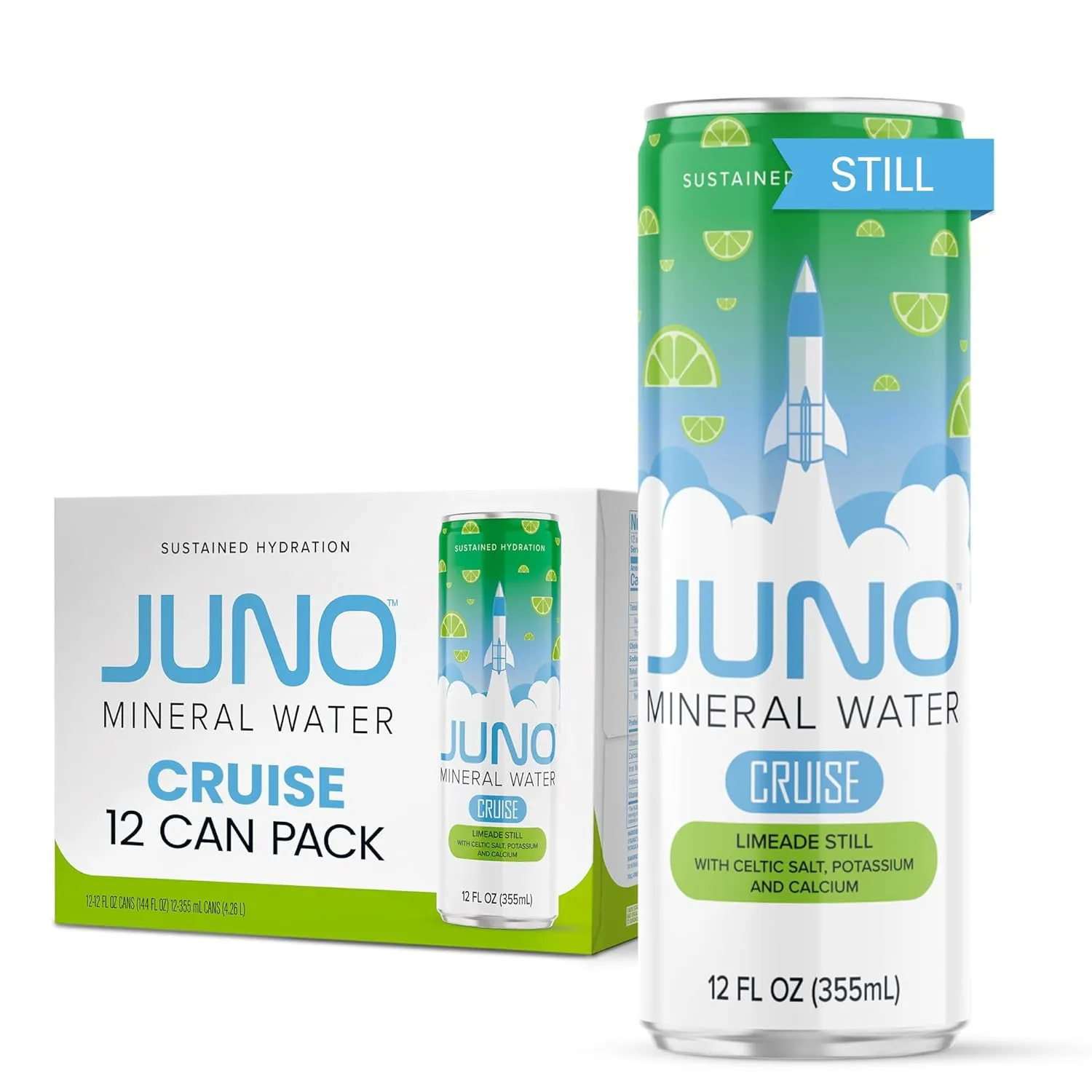 JUNO Cruise Limeade Still Hydration Drink - Organic Monk Fruit, Organic Lime Juice & Essential Electrolytes like Celtic Salt, Potassium, Calcium - Premium Hydrating Beverage, 12 Pack