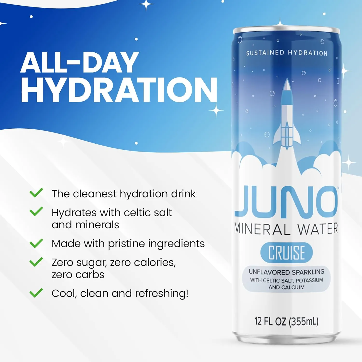JUNO Cruise Unflavored Sparkling Hydration Drink - Enhanced with Celtic Salt, Potassium & Calcium - Premium Refreshing Beverage, 12 Pack