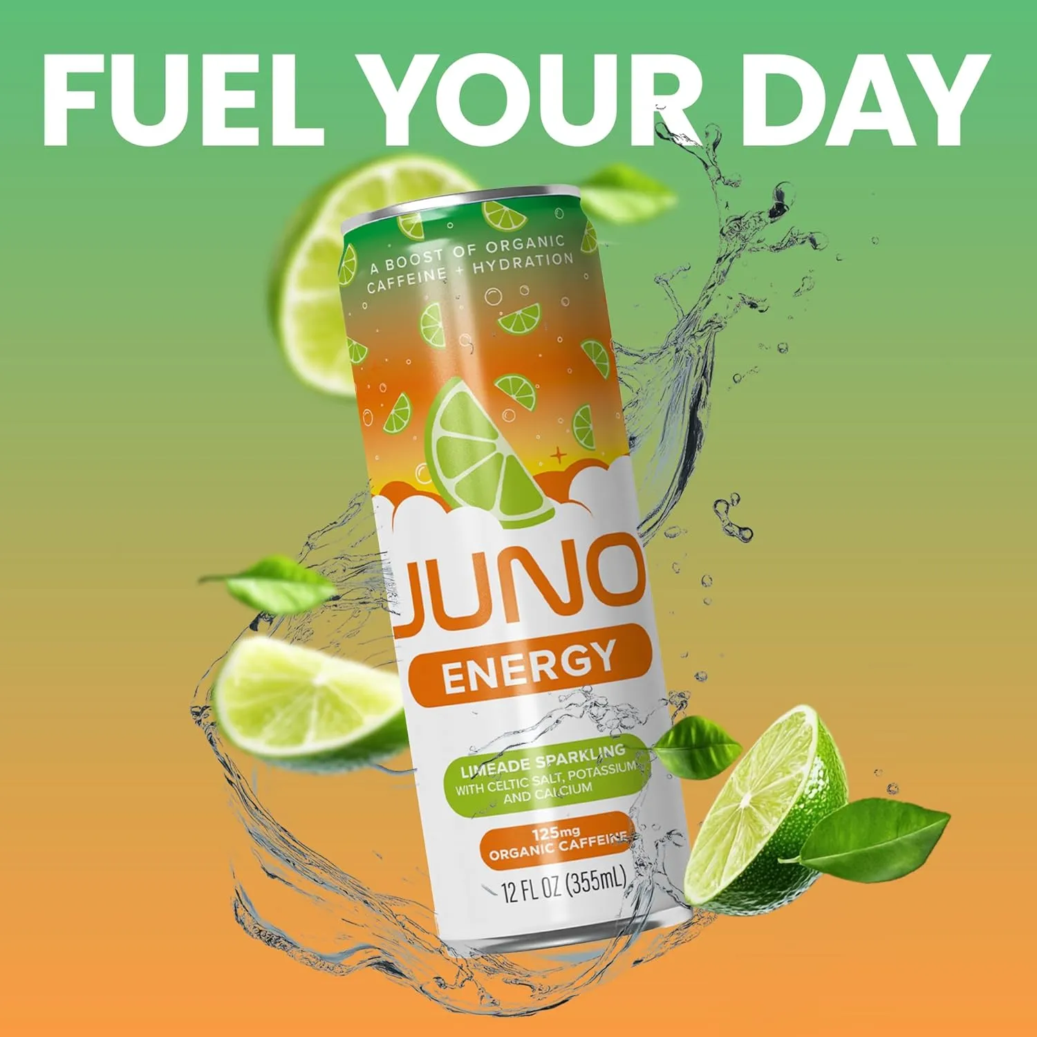 JUNO ENERGY Limeade Sparkling Energy Drink - Energizing and Hydrating with 125mg Organic Caffeine from Green Coffee Beans, Organic Monk Fruit, Lime Juice & Electrolytes - Vegan, Gluten Free, 12 Pack Refreshment