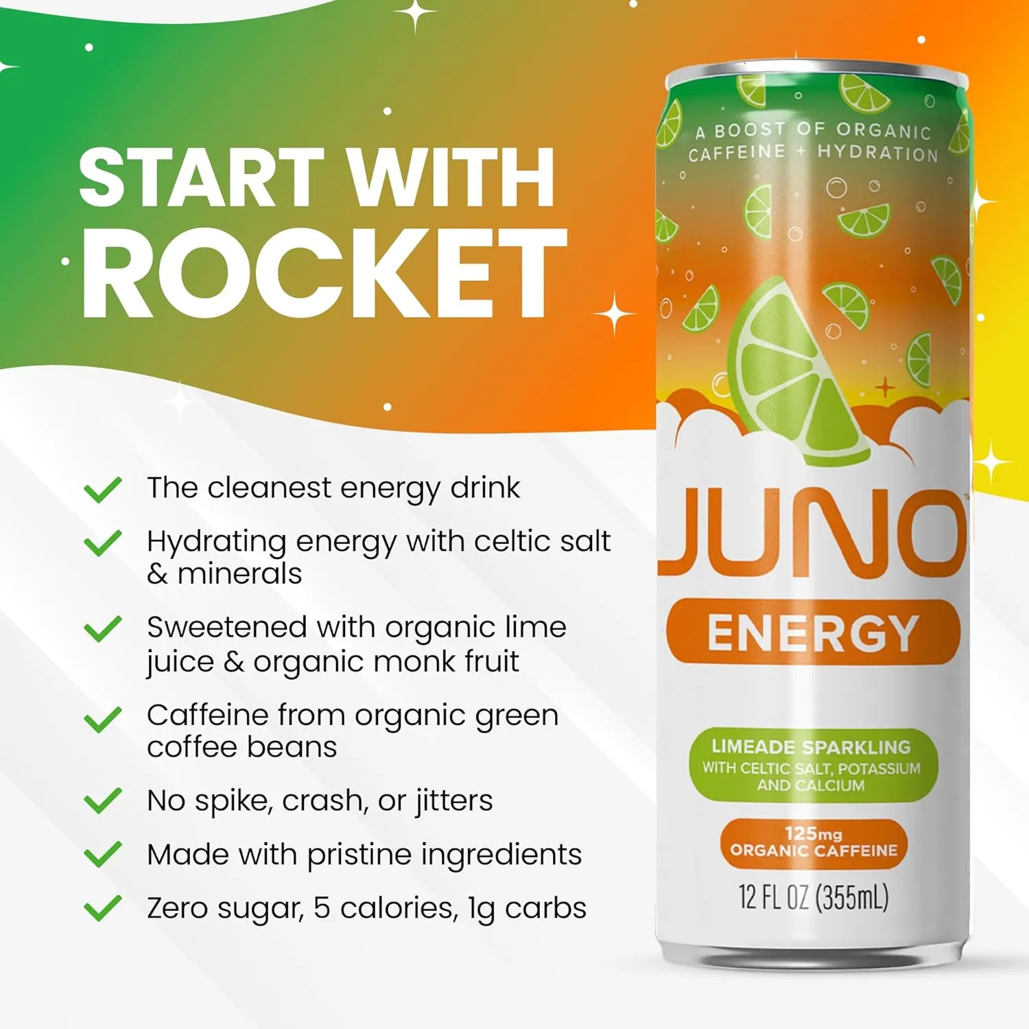 JUNO ENERGY Limeade Sparkling Energy Drink - Energizing and Hydrating with 125mg Organic Caffeine from Green Coffee Beans, Organic Monk Fruit, Lime Juice & Electrolytes - Vegan, Gluten Free, 12 Pack Refreshment