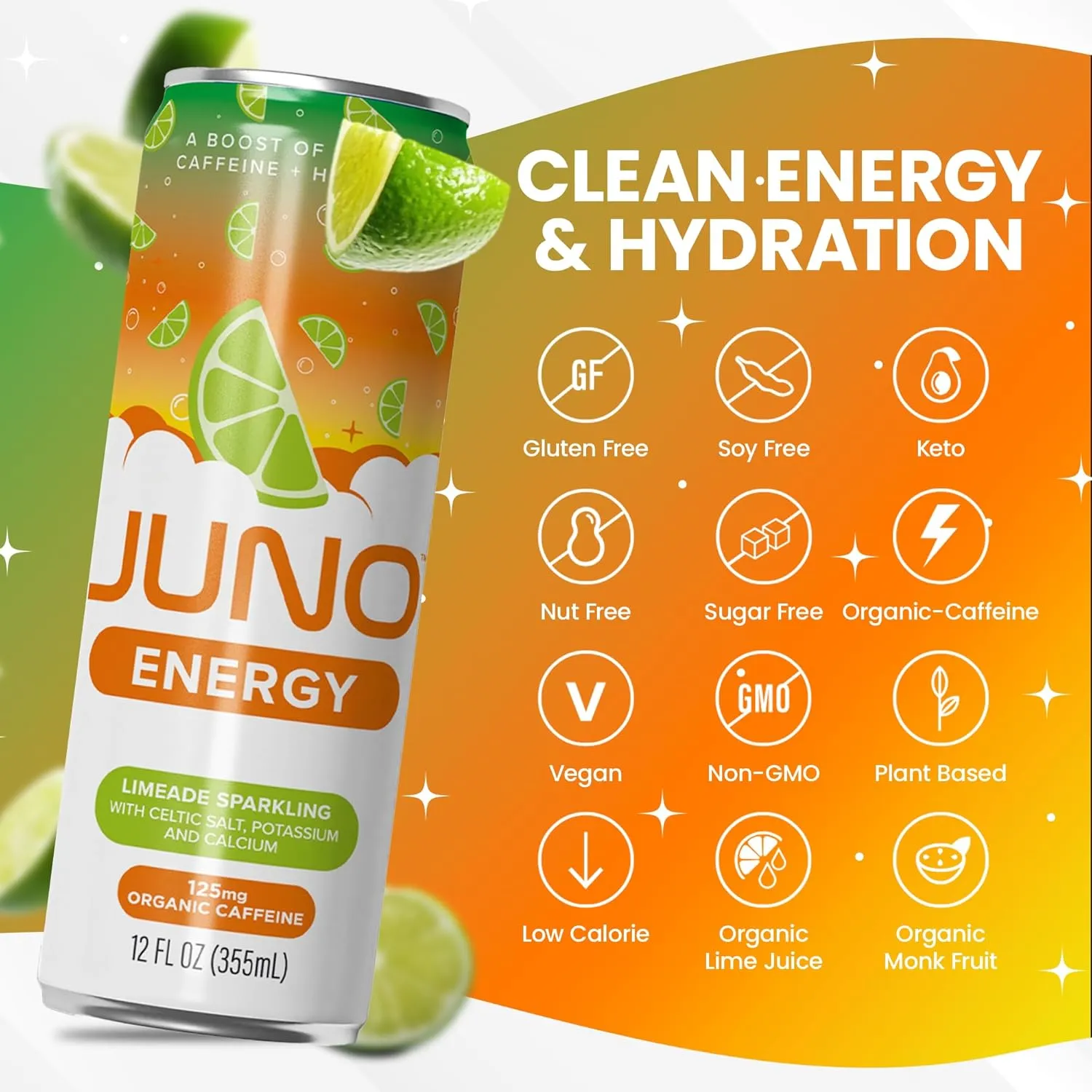 JUNO ENERGY Limeade Sparkling Energy Drink - Energizing and Hydrating with 125mg Organic Caffeine from Green Coffee Beans, Organic Monk Fruit, Lime Juice & Electrolytes - Vegan, Gluten Free, 12 Pack Refreshment