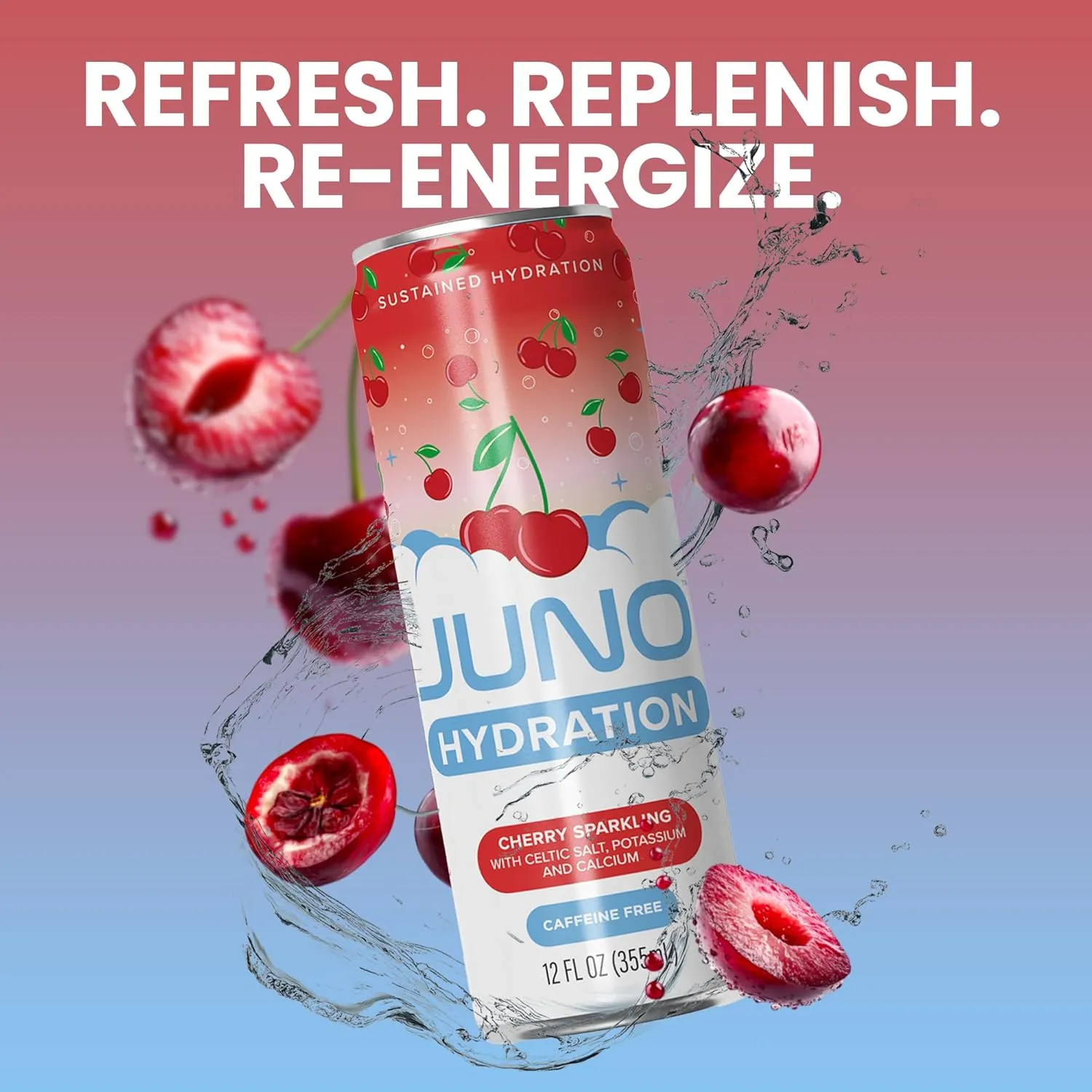 JUNO HYDRATION Cherry Sparkling Drink - Organic Monk Fruit, Organic Sour Cherry Juice, Organic Black Cherry Extract and Hydrating Electrolytes with Celtic Salt, Potassium, Calcium - Premium Refreshing Beverage, 12 Pack