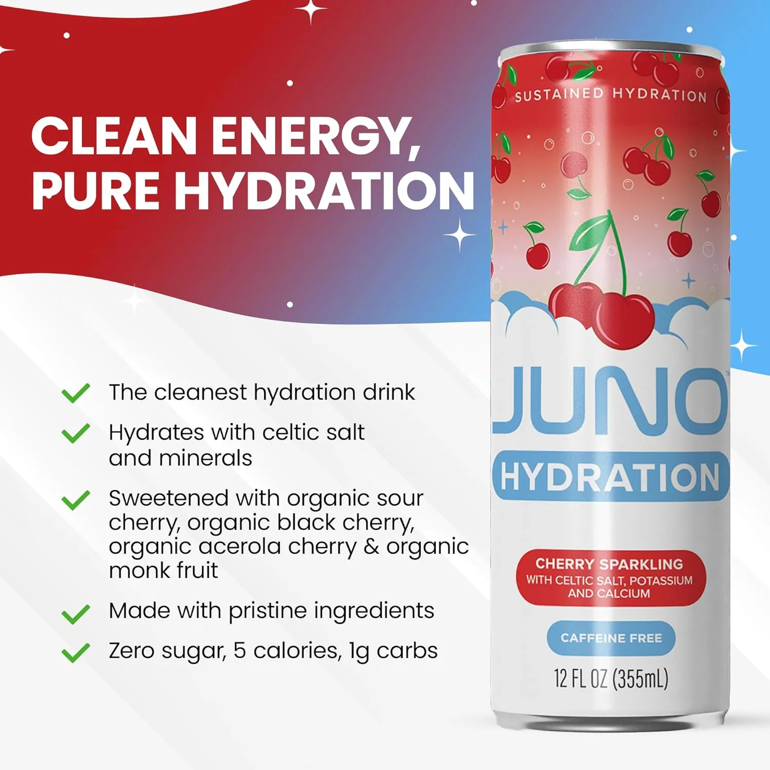 JUNO HYDRATION Cherry Sparkling Drink - Organic Monk Fruit, Organic Sour Cherry Juice, Organic Black Cherry Extract and Hydrating Electrolytes with Celtic Salt, Potassium, Calcium - Premium Refreshing Beverage, 12 Pack