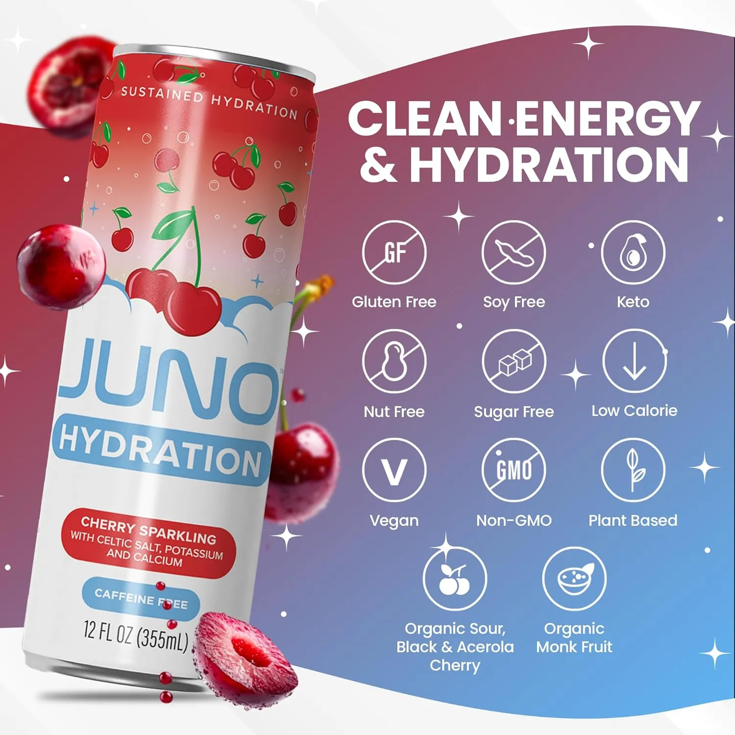 JUNO HYDRATION Cherry Sparkling Drink - Organic Monk Fruit, Organic Sour Cherry Juice, Organic Black Cherry Extract and Hydrating Electrolytes with Celtic Salt, Potassium, Calcium - Premium Refreshing Beverage, 12 Pack