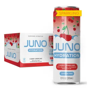 JUNO HYDRATION Cherry Sparkling Drink - Organic Monk Fruit, Organic Sour Cherry Juice, Organic Black Cherry Extract and Hydrating Electrolytes with Celtic Salt, Potassium, Calcium - Premium Refreshing Beverage, 12 Pack