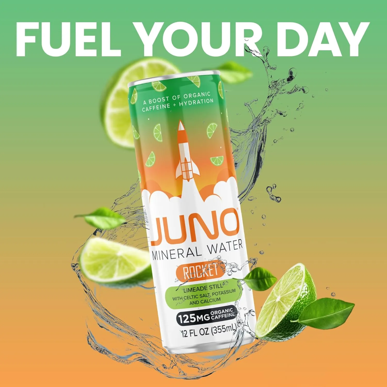 JUNO Rocket Limeade Still Energy Drink - 125mg Organic Caffeine from Green Coffee Beans, Hydrating with Monk Fruit Sweetener, Organic Lime Juice & Electrolytes - Vegan, Gluten Free, 12 Pack Refreshing Beverage