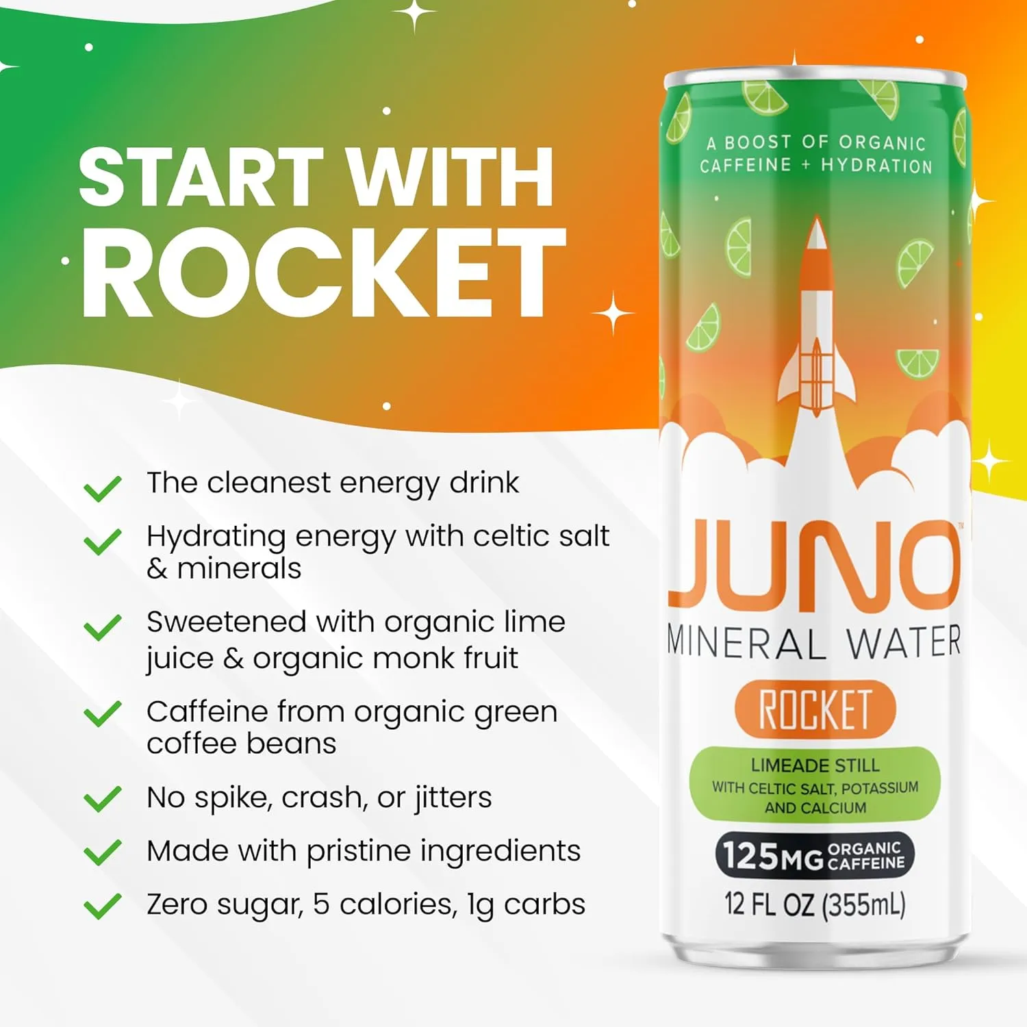 JUNO Rocket Limeade Still Energy Drink - 125mg Organic Caffeine from Green Coffee Beans, Hydrating with Monk Fruit Sweetener, Organic Lime Juice & Electrolytes - Vegan, Gluten Free, 12 Pack Refreshing Beverage