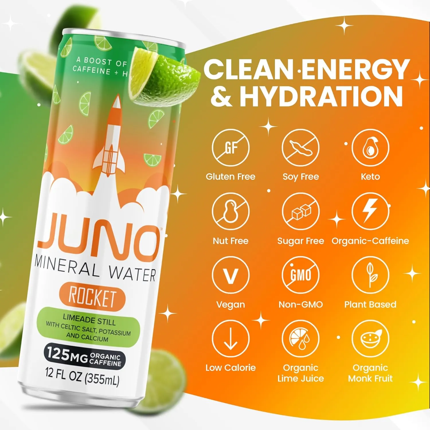 JUNO Rocket Limeade Still Energy Drink - 125mg Organic Caffeine from Green Coffee Beans, Hydrating with Monk Fruit Sweetener, Organic Lime Juice & Electrolytes - Vegan, Gluten Free, 12 Pack Refreshing Beverage