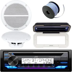 JVC In-Dash Marine Boat Bluetooth Radio USB CD Receiver Bundle, Cover with pair Enrock 6.5" White Stereo Speakers, 18g 50ft Marine Speaker Wire