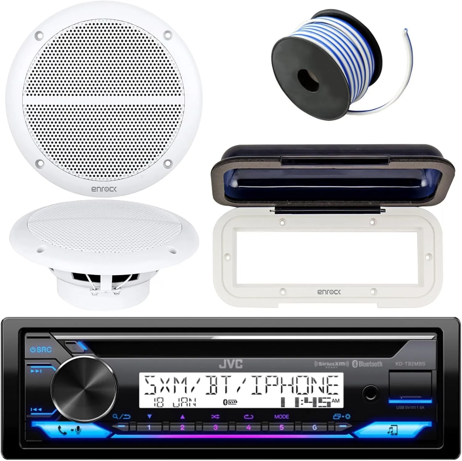 JVC In-Dash Marine Boat Bluetooth Radio USB CD Receiver Bundle, Cover with pair Enrock 6.5" White Stereo Speakers, 18g 50ft Marine Speaker Wire