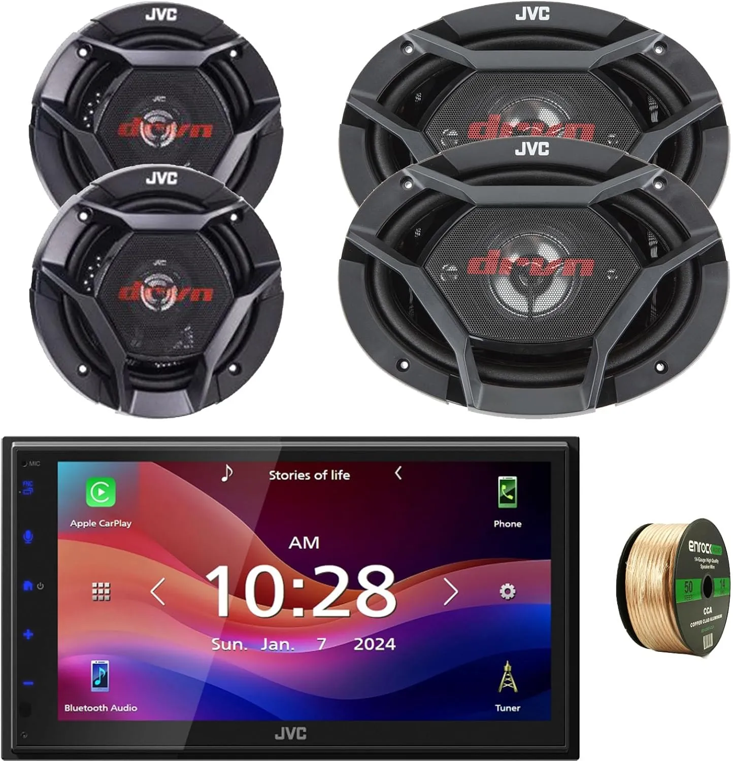 JVC KW-M590BT Double DIN 6.8" Capacitive Touchscreen Digital Media Bluetooth USB/AM/FM Radio Receiver, 2X 6.5 300W 2-Way Coaxial Automotive Speakers, 2X 6x9 550W 4-Way Coaxial Speakers W/Wire