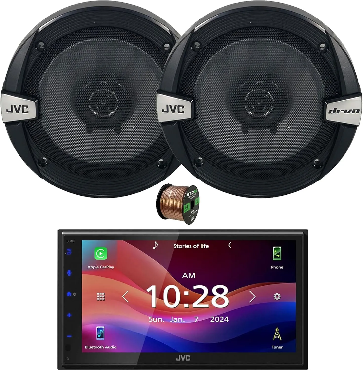 JVC KW-M590BT Double DIN 6.8" Capacitive Touchscreen Digital Media Bluetooth USB/AM/FM Radio Receiver Bundle Combo with One Pair (Qty 2) of 6.5" 300 Watt Max Power 2-Way Coaxial Car Speakers W/Wire