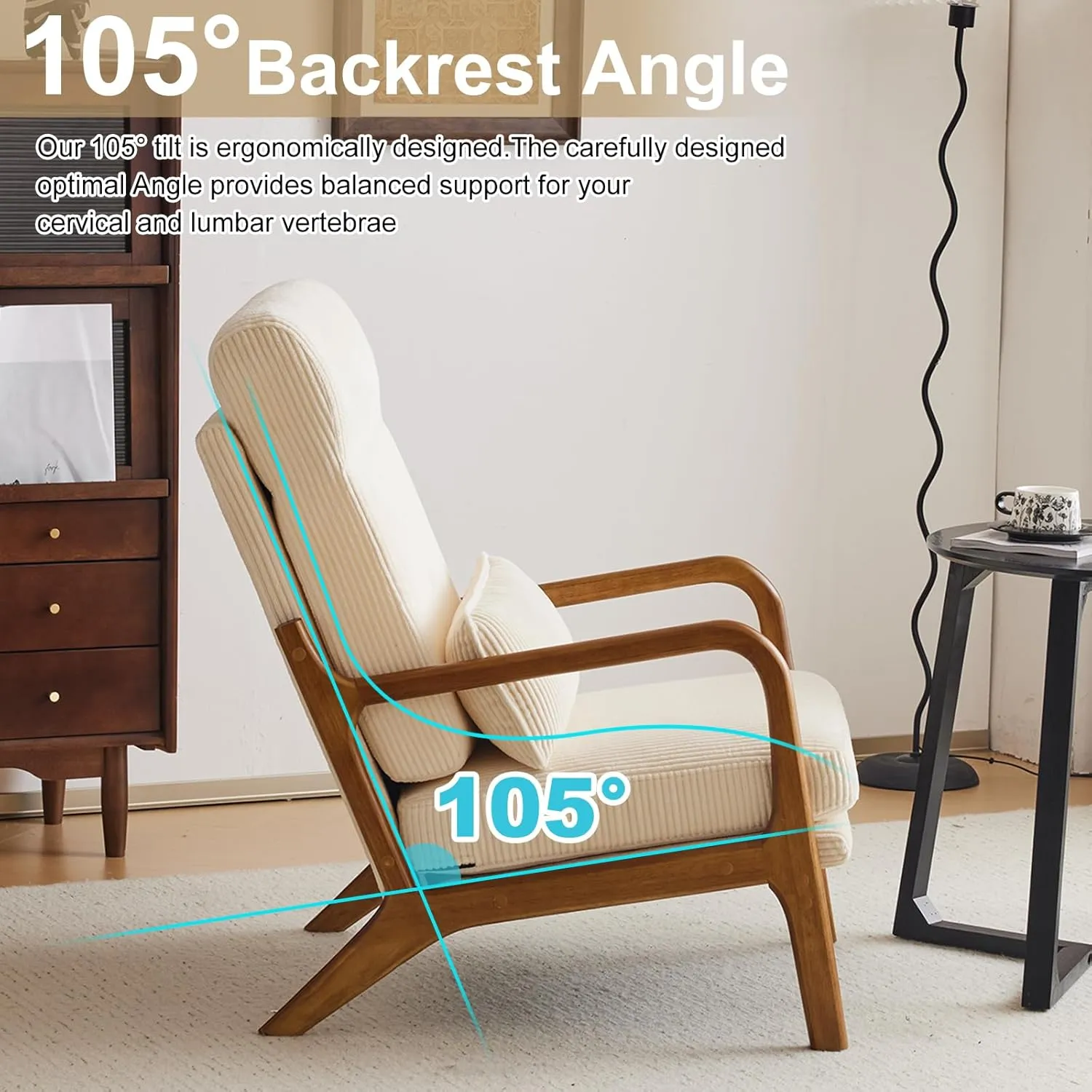 Karl home Mid-Century Modern Accent Chair, Living Room Chairs with Pillow High Back Corduroy Upholstered Lounge Armchair with Solid Wood Frame & Soft Cushion for Bedroom, Reading Room, Beige