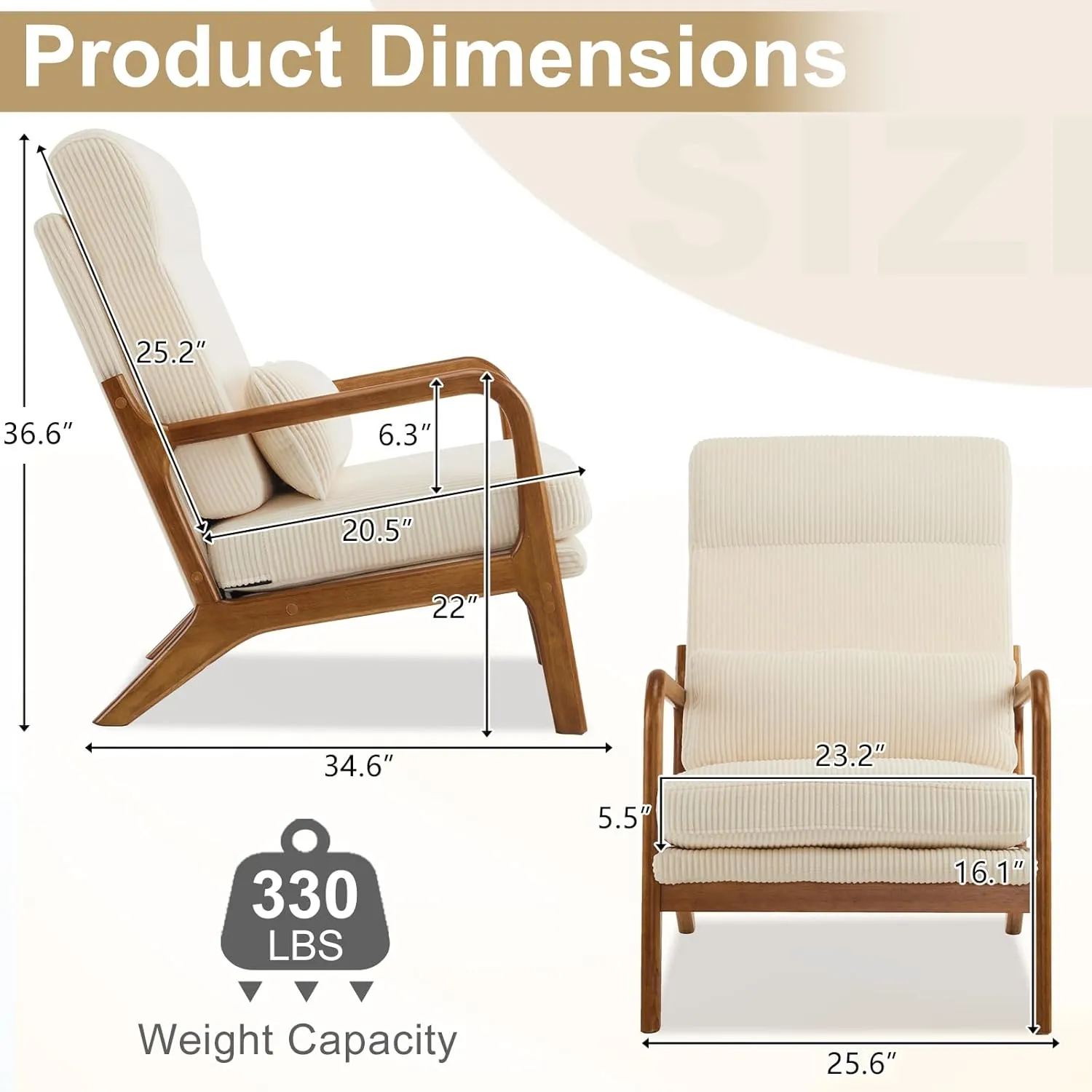 Karl home Mid-Century Modern Accent Chair, Living Room Chairs with Pillow High Back Corduroy Upholstered Lounge Armchair with Solid Wood Frame & Soft Cushion for Bedroom, Reading Room, Beige