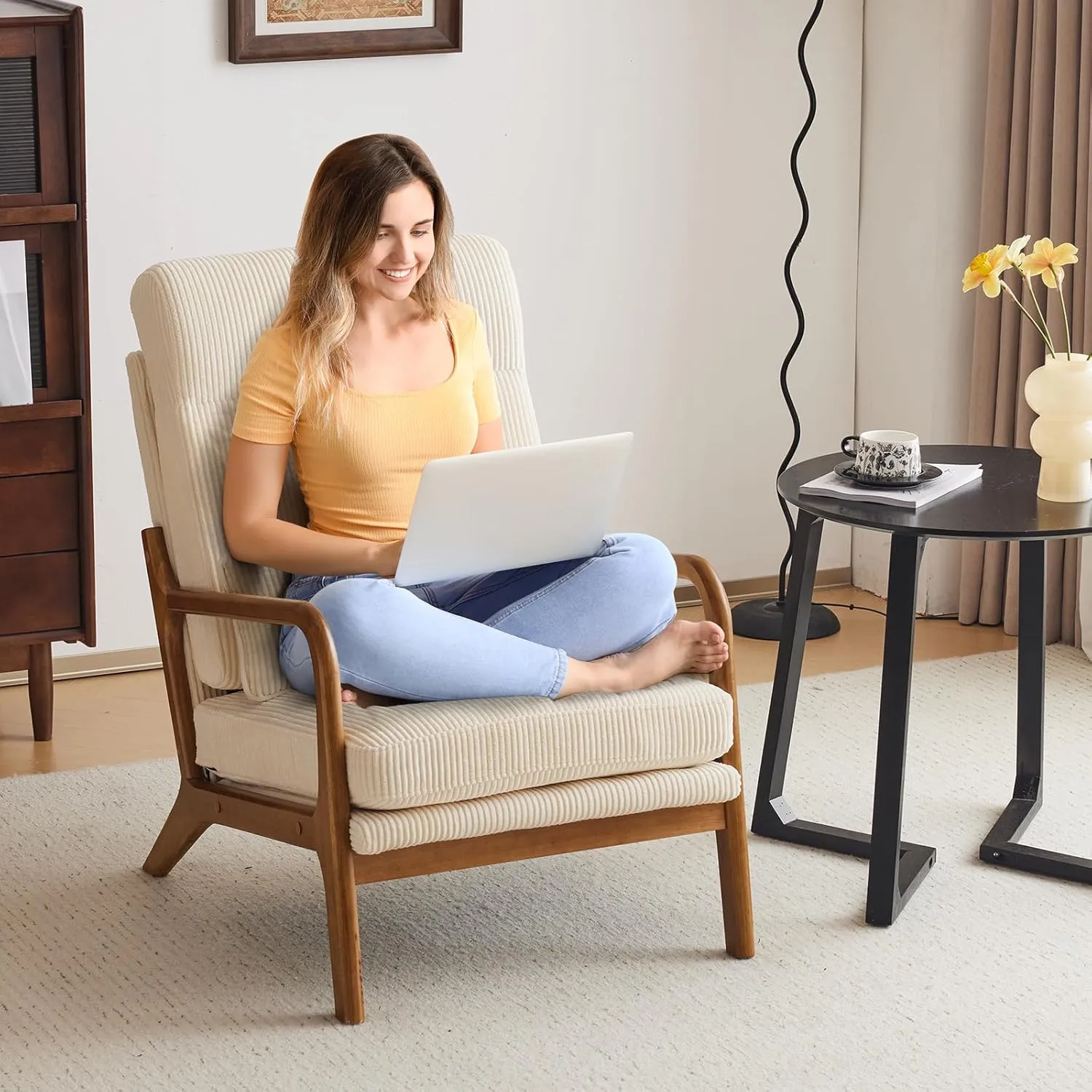Karl home Mid-Century Modern Accent Chair, Living Room Chairs with Pillow High Back Corduroy Upholstered Lounge Armchair with Solid Wood Frame & Soft Cushion for Bedroom, Reading Room, Beige