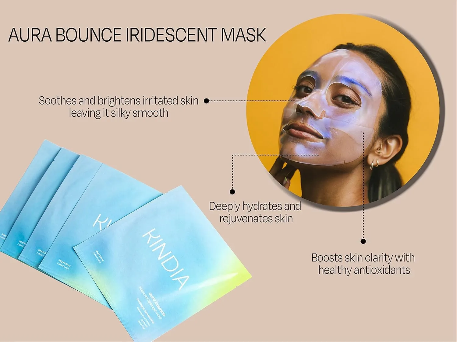 KINDIA Aura Bounce Pack - 5 Biodegradable Korean Sheet Masks, Tea Tree, Bakuchiol, Ginseng, Peony, Hydrating, Repairing, Ayurvedic Enriched - Rejuvenating Skincare Routine