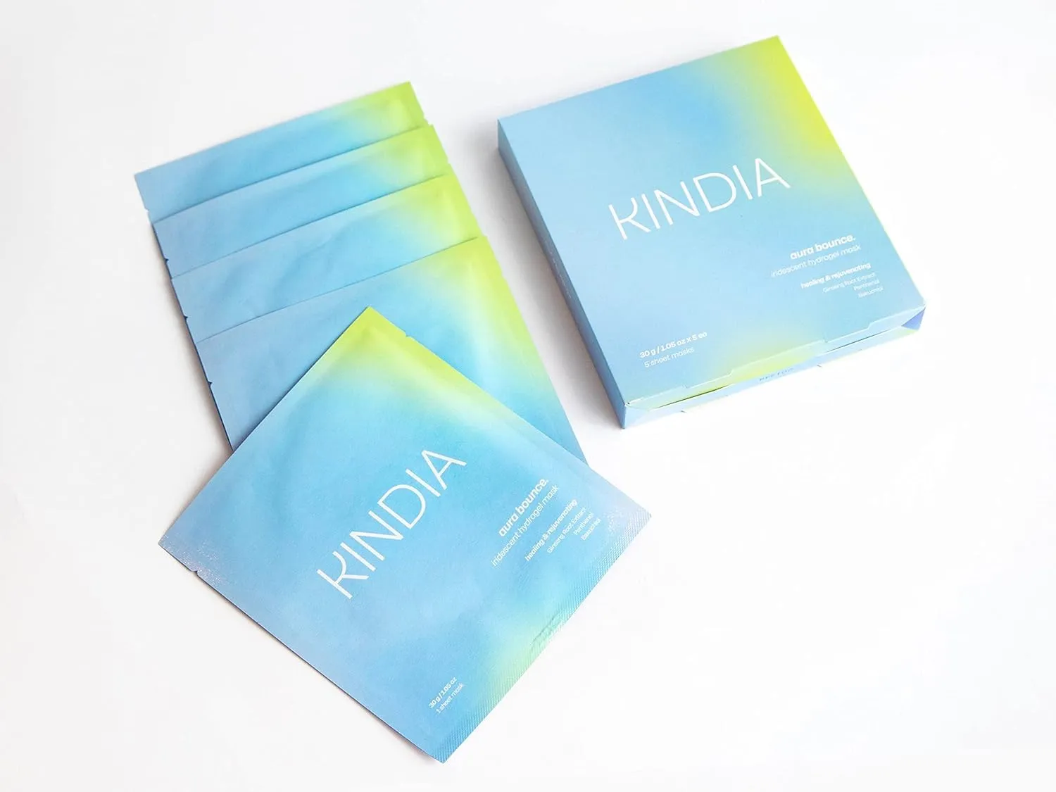 KINDIA Aura Bounce Pack - 5 Biodegradable Korean Sheet Masks, Tea Tree, Bakuchiol, Ginseng, Peony, Hydrating, Repairing, Ayurvedic Enriched - Rejuvenating Skincare Routine