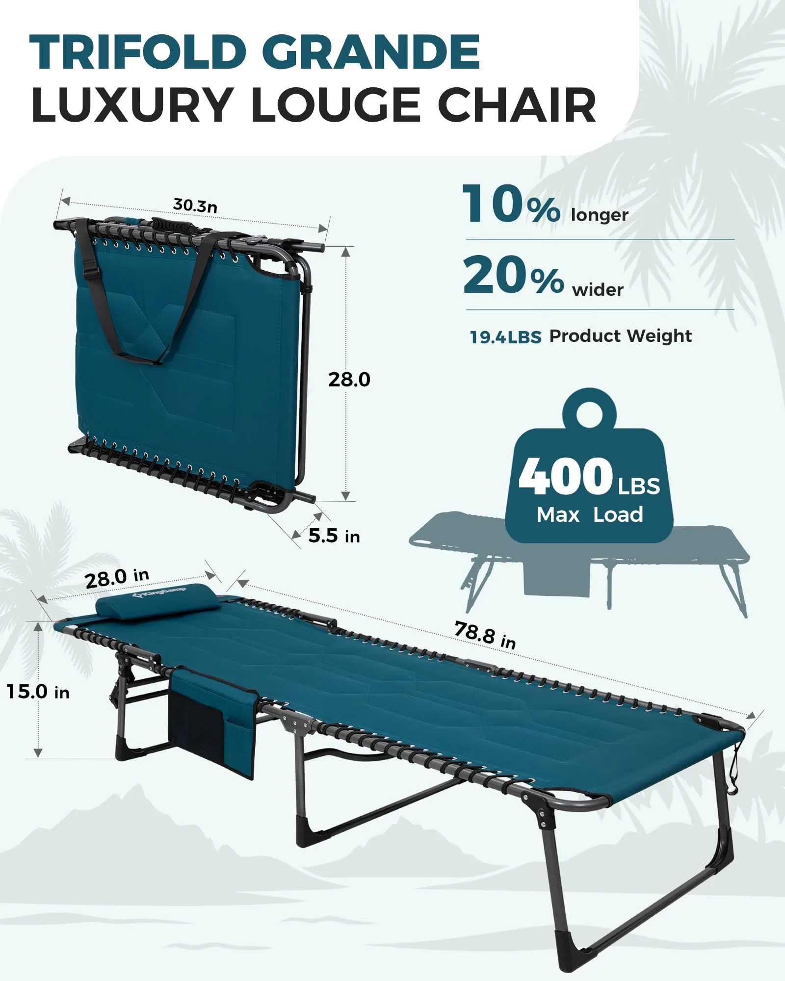 KingCamp MAGNOLIA B20 Folding Oversized Lounge Chair for Patio, Beach, Yard