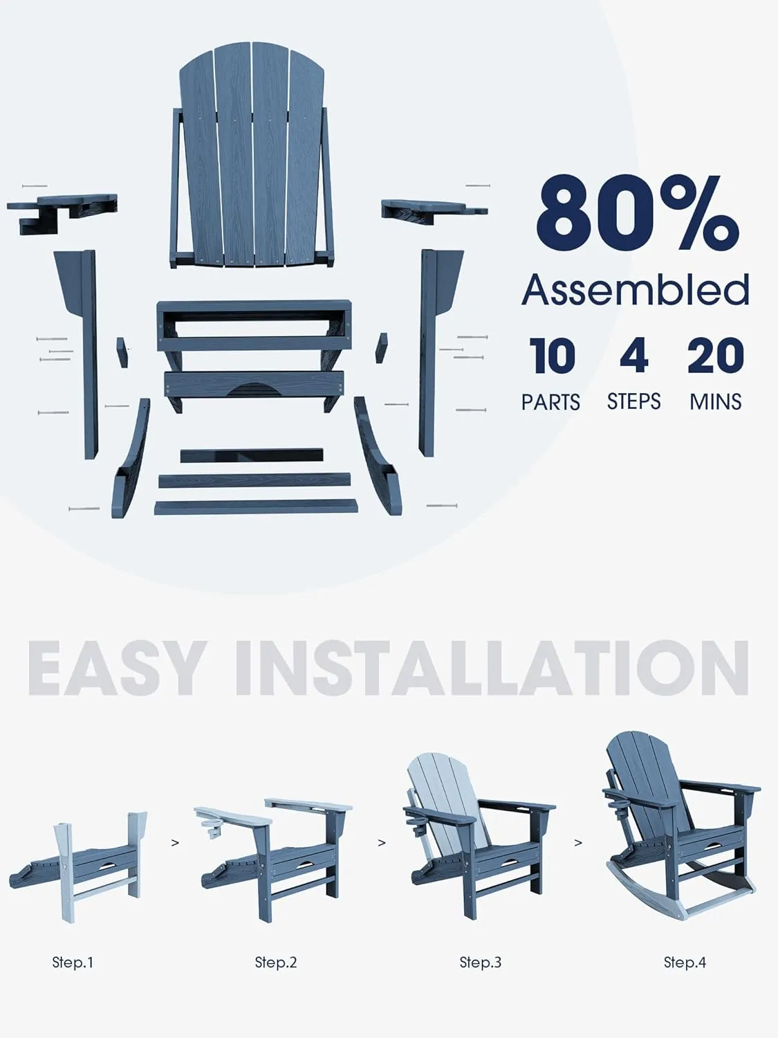 KINGYES Adirondack Rocking Chair with Retractable Ottoman and Cup Holders, HDPE Adirondack Rocker Patio Rocking Chair for Porch, Patio, Balcony, Deep Blue