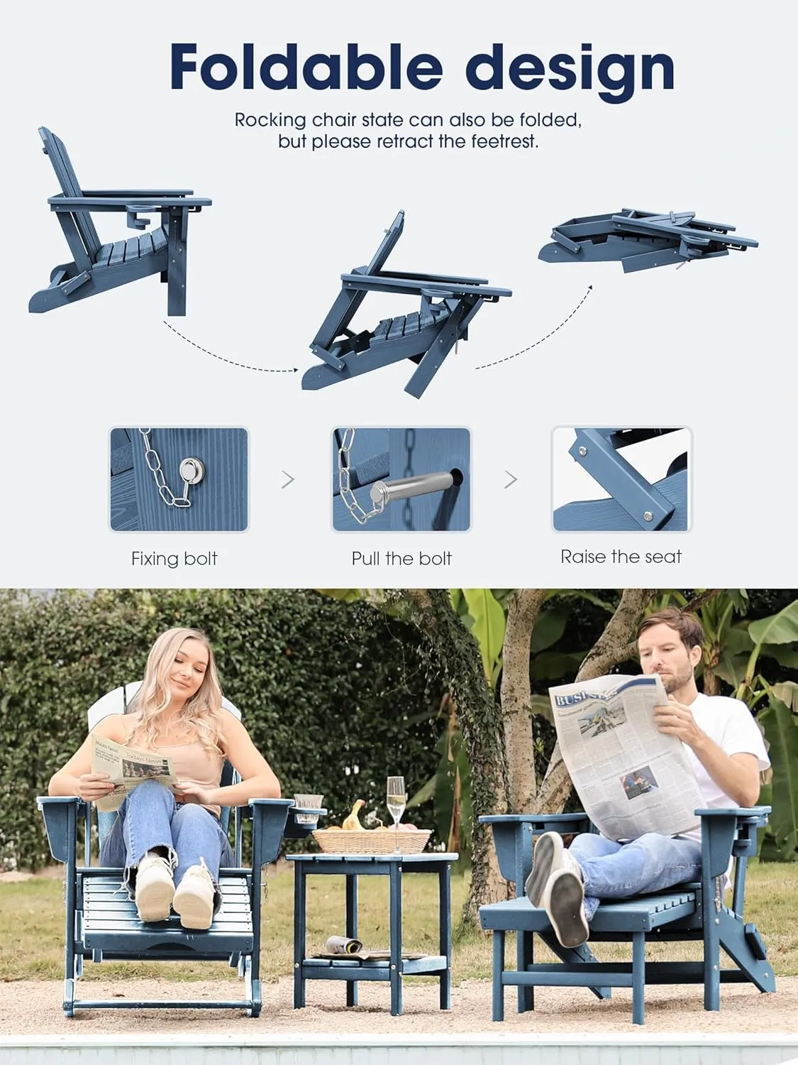 KINGYES Adirondack Rocking Chair with Retractable Ottoman and Cup Holders, HDPE Adirondack Rocker Patio Rocking Chair for Porch, Patio, Balcony, Deep Blue