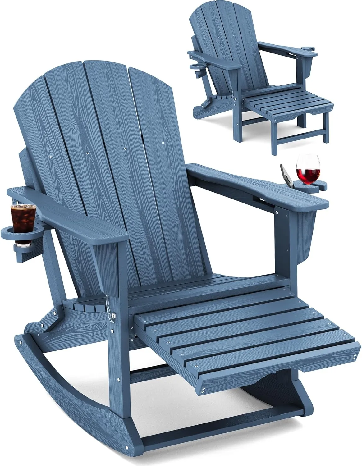 KINGYES Adirondack Rocking Chair with Retractable Ottoman and Cup Holders, HDPE Adirondack Rocker Patio Rocking Chair for Porch, Patio, Balcony, Deep Blue