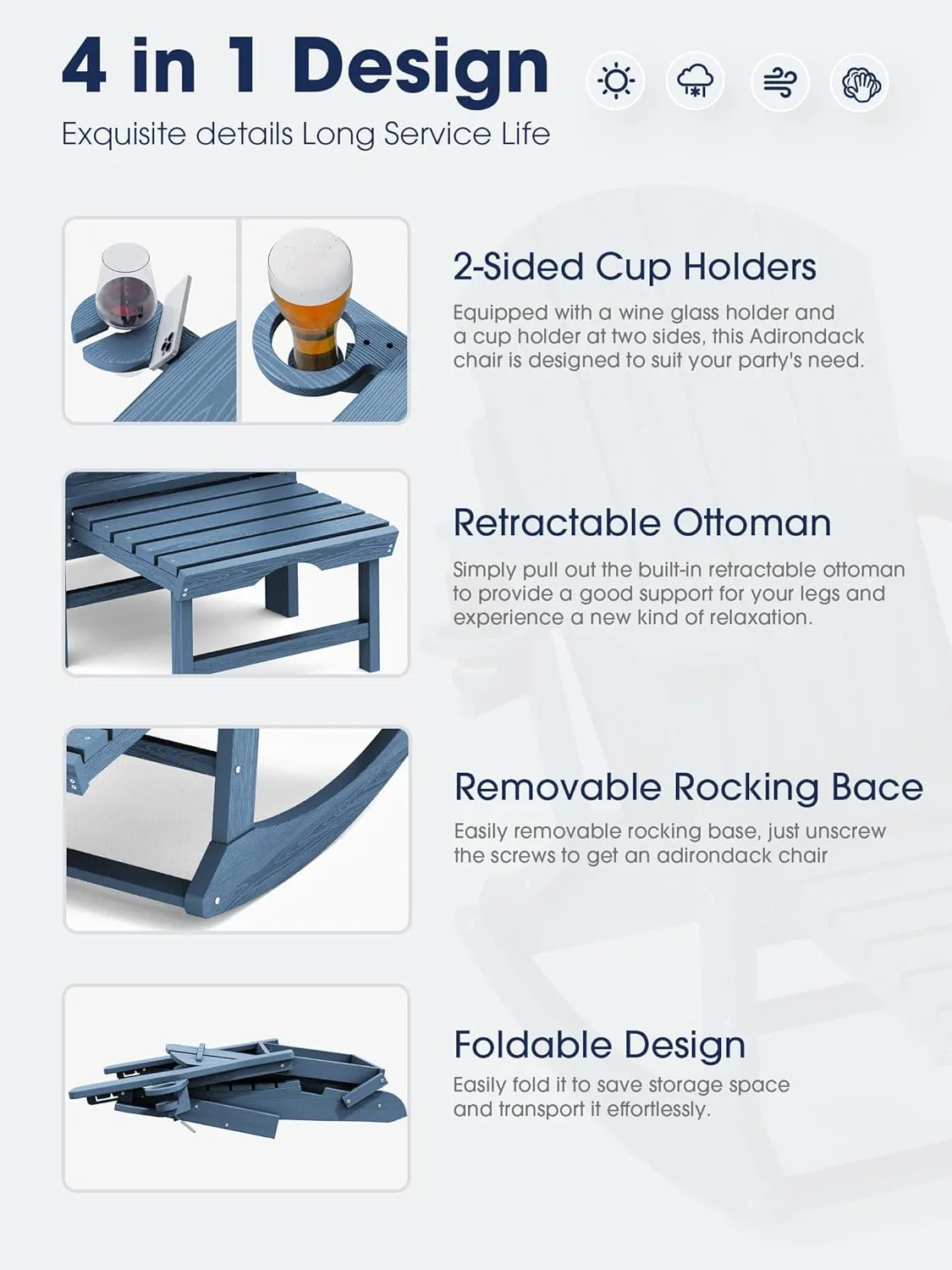 KINGYES Adirondack Rocking Chair with Retractable Ottoman and Cup Holders, HDPE Adirondack Rocker Patio Rocking Chair for Porch, Patio, Balcony, Deep Blue
