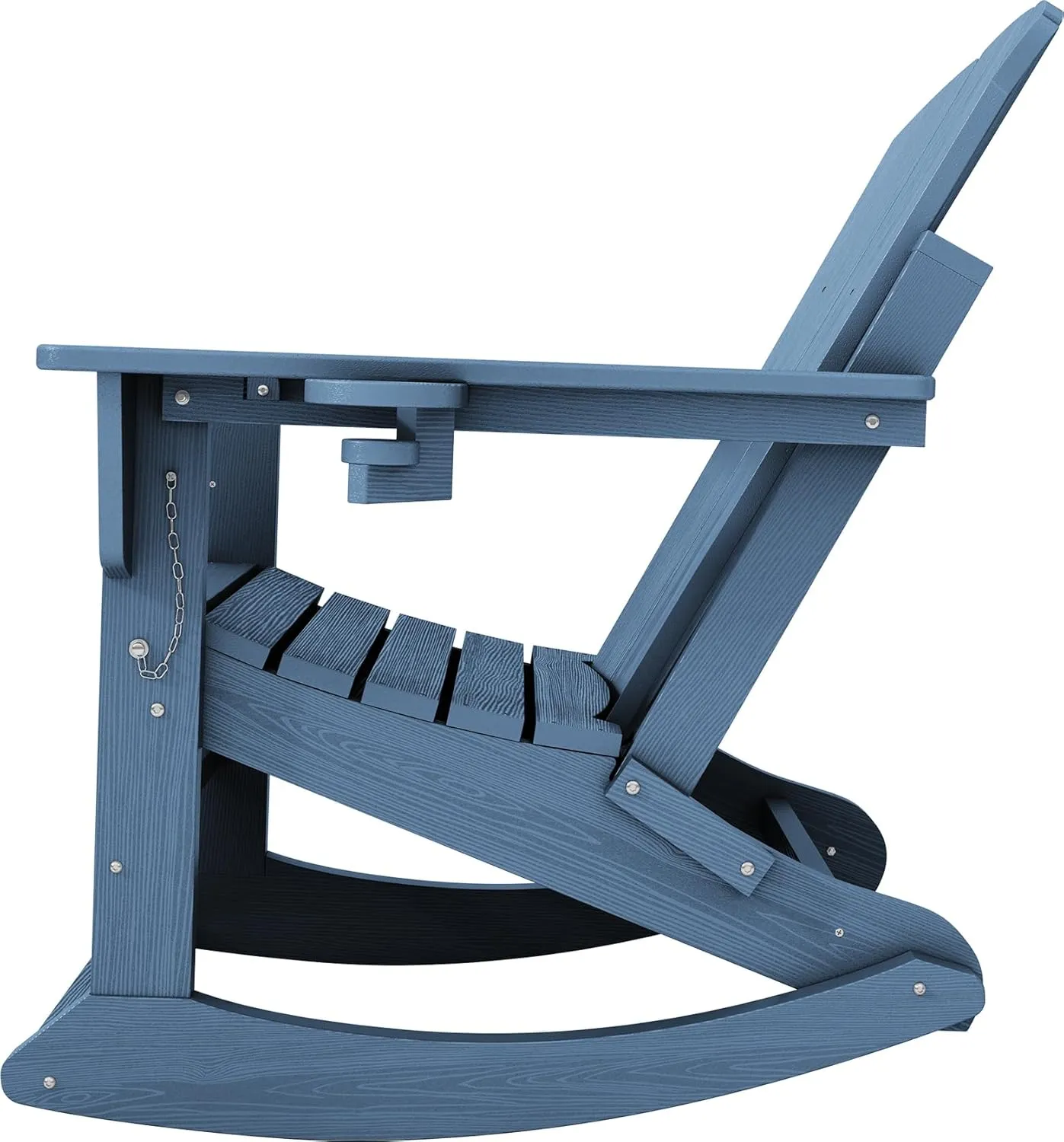 KINGYES Adirondack Rocking Chair with Retractable Ottoman and Cup Holders, HDPE Adirondack Rocker Patio Rocking Chair for Porch, Patio, Balcony, Deep Blue