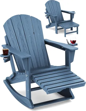 KINGYES Adirondack Rocking Chair with Retractable Ottoman and Cup Holders, HDPE Adirondack Rocker Patio Rocking Chair for Porch, Patio, Balcony, Deep Blue