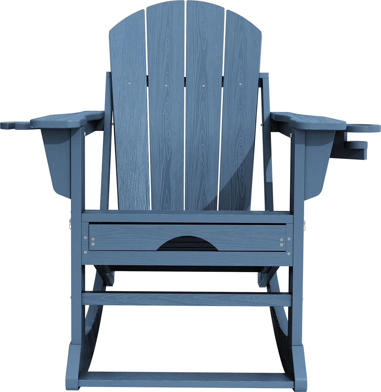 KINGYES Adirondack Rocking Chair with Retractable Ottoman and Cup Holders, HDPE Adirondack Rocker Patio Rocking Chair for Porch, Patio, Balcony, Deep Blue