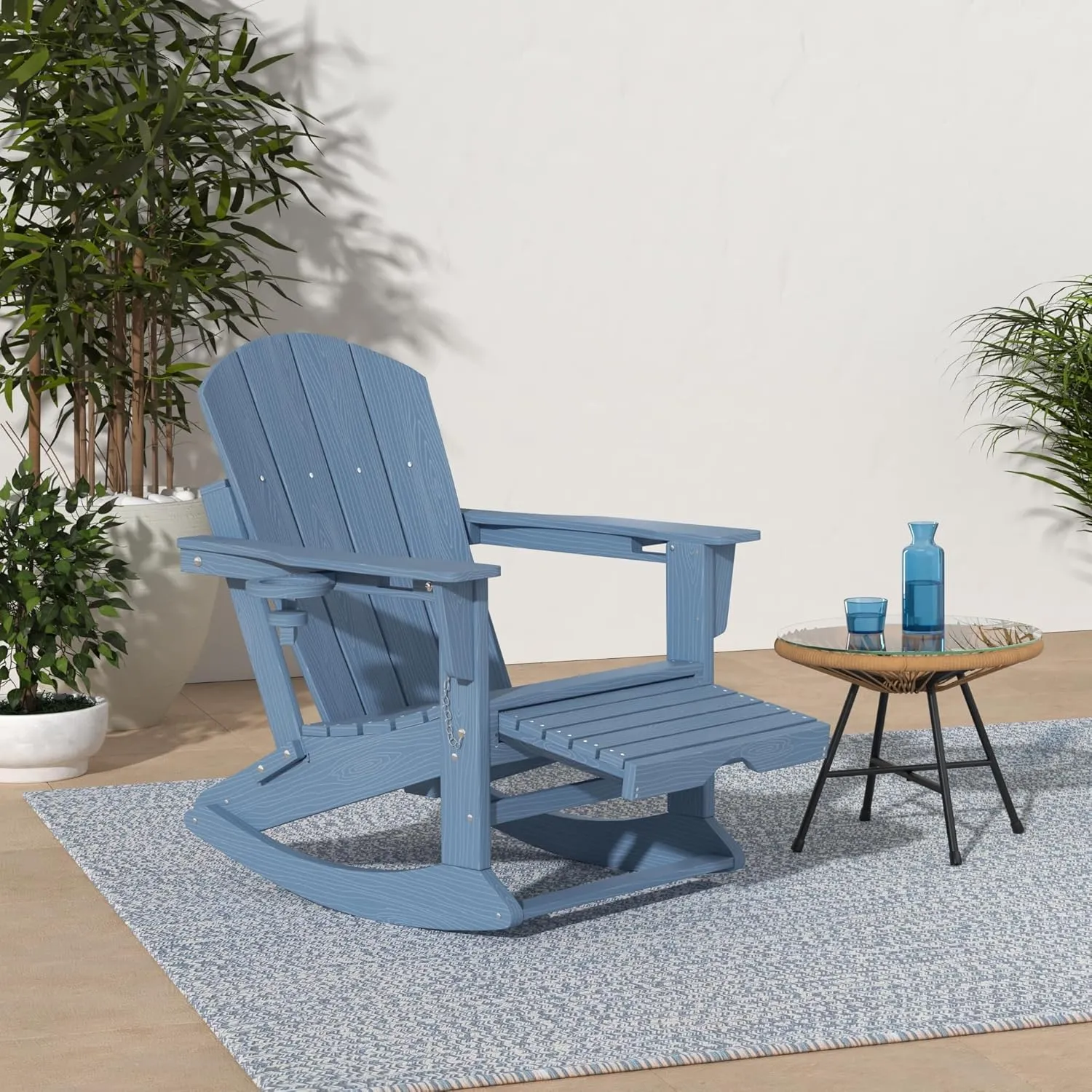 KINGYES Adirondack Rocking Chair with Retractable Ottoman and Cup Holders, HDPE Adirondack Rocker Patio Rocking Chair for Porch, Patio, Balcony, Deep Blue