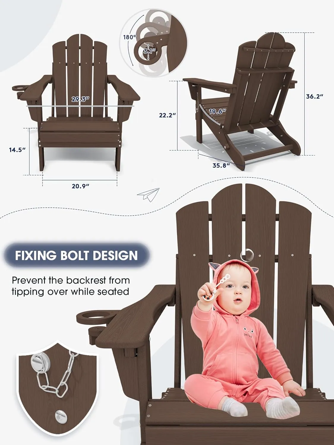 KINGYES Adjustable Folding Adirondack Chair, HDPE Reclining Adirondack Chair with Cup Holder, All Weather Resistance Embossing Oversize Adirondack Outdoor Chair, Brown