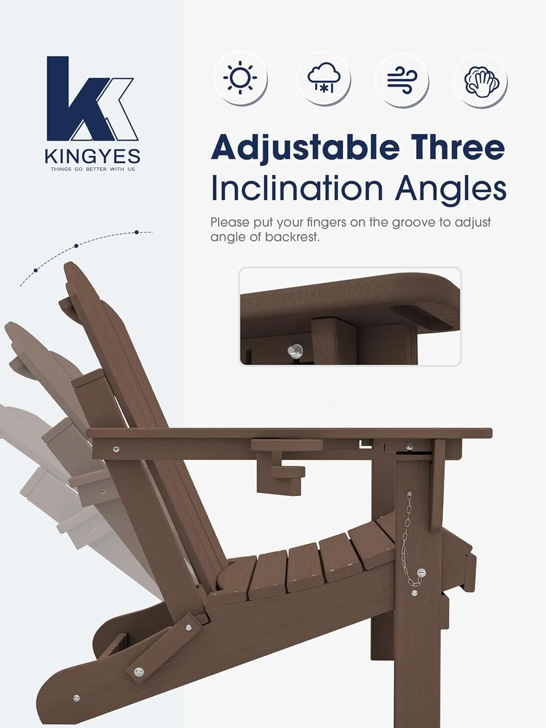 KINGYES Adjustable Folding Adirondack Chair, HDPE Reclining Adirondack Chair with Cup Holder, All Weather Resistance Embossing Oversize Adirondack Outdoor Chair, Brown