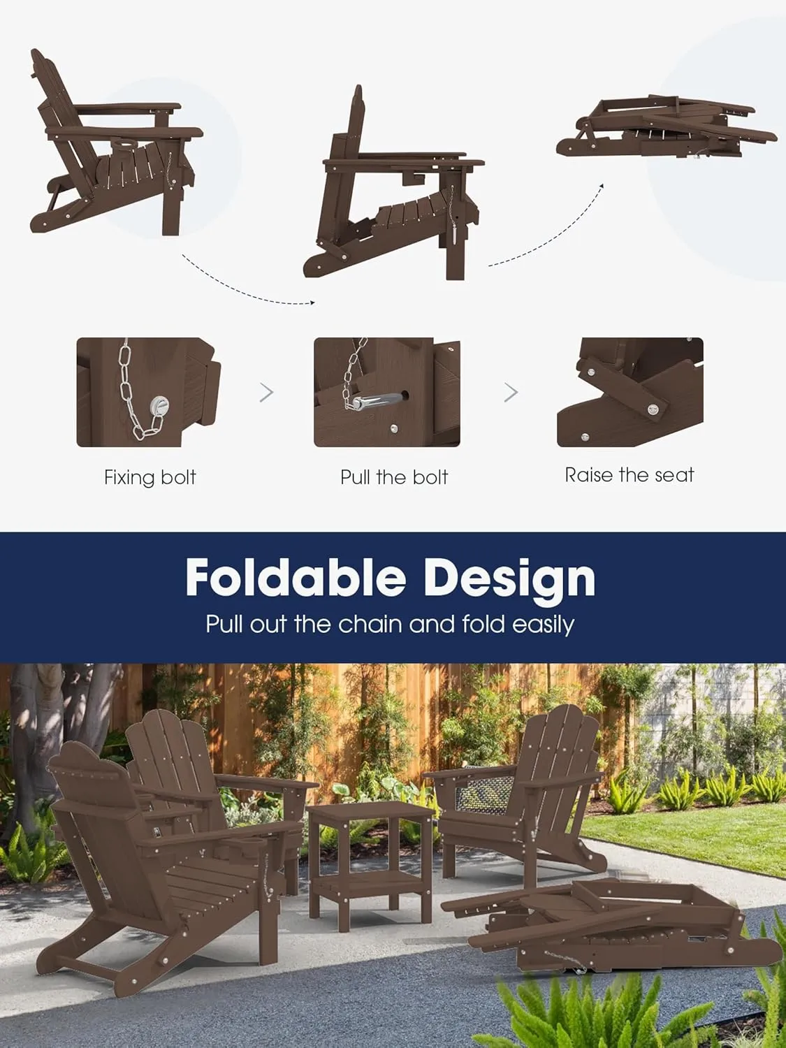 KINGYES Adjustable Folding Adirondack Chair, HDPE Reclining Adirondack Chair with Cup Holder, All Weather Resistance Embossing Oversize Adirondack Outdoor Chair, Brown