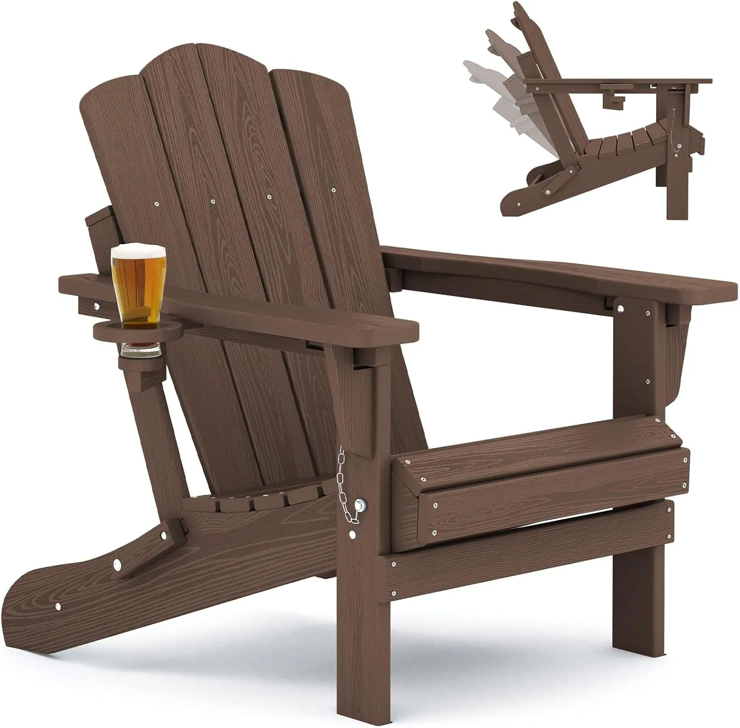 KINGYES Adjustable Folding Adirondack Chair, HDPE Reclining Adirondack Chair with Cup Holder, All Weather Resistance Embossing Oversize Adirondack Outdoor Chair, Brown
