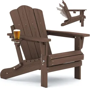 KINGYES Adjustable Folding Adirondack Chair, HDPE Reclining Adirondack Chair with Cup Holder, All Weather Resistance Embossing Oversize Adirondack Outdoor Chair, Brown