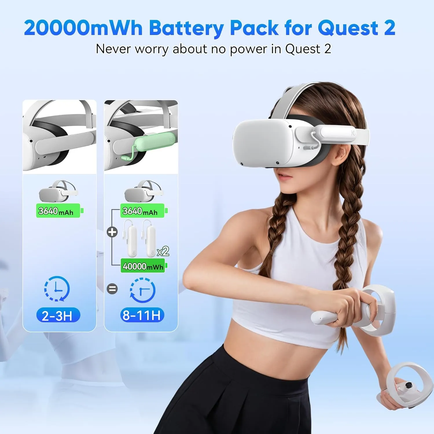 Kinwin Battery Pack for Oculus Quest 2, 2 Pack 20000mWh Extended Battery for Meta Quest 2 Accessories, 10W Fast Charging VR Headset Battery, Lightweight and Portable Charger for Extra 2-4H Playtime