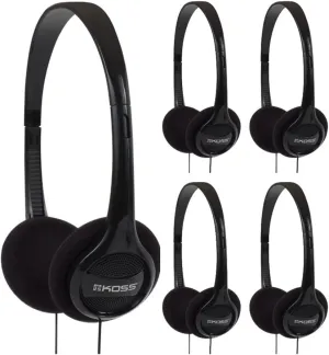 Koss KPH7 Lightweight Portable On-Ear Headphones Bundle (Black, 5-Pack)