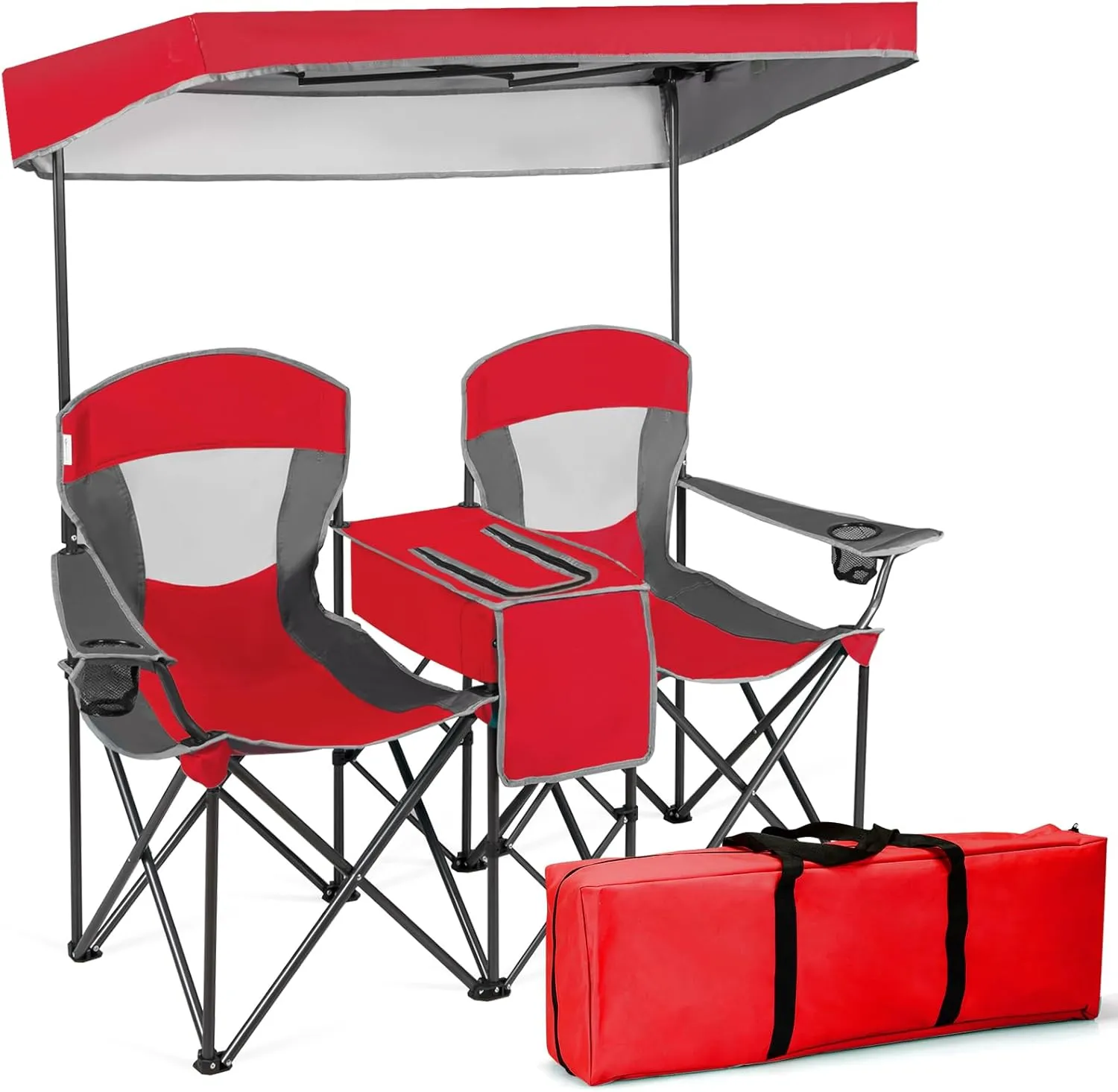 KOTEK Double Camping Chair with Canopy, 2-Person Canopy Chair with Mini Table Cup Holder, Cooler Bag & Carry Bag, Outdoor Folding Chairs for Beach, Lawn, Sports and Outside Activities (Red)