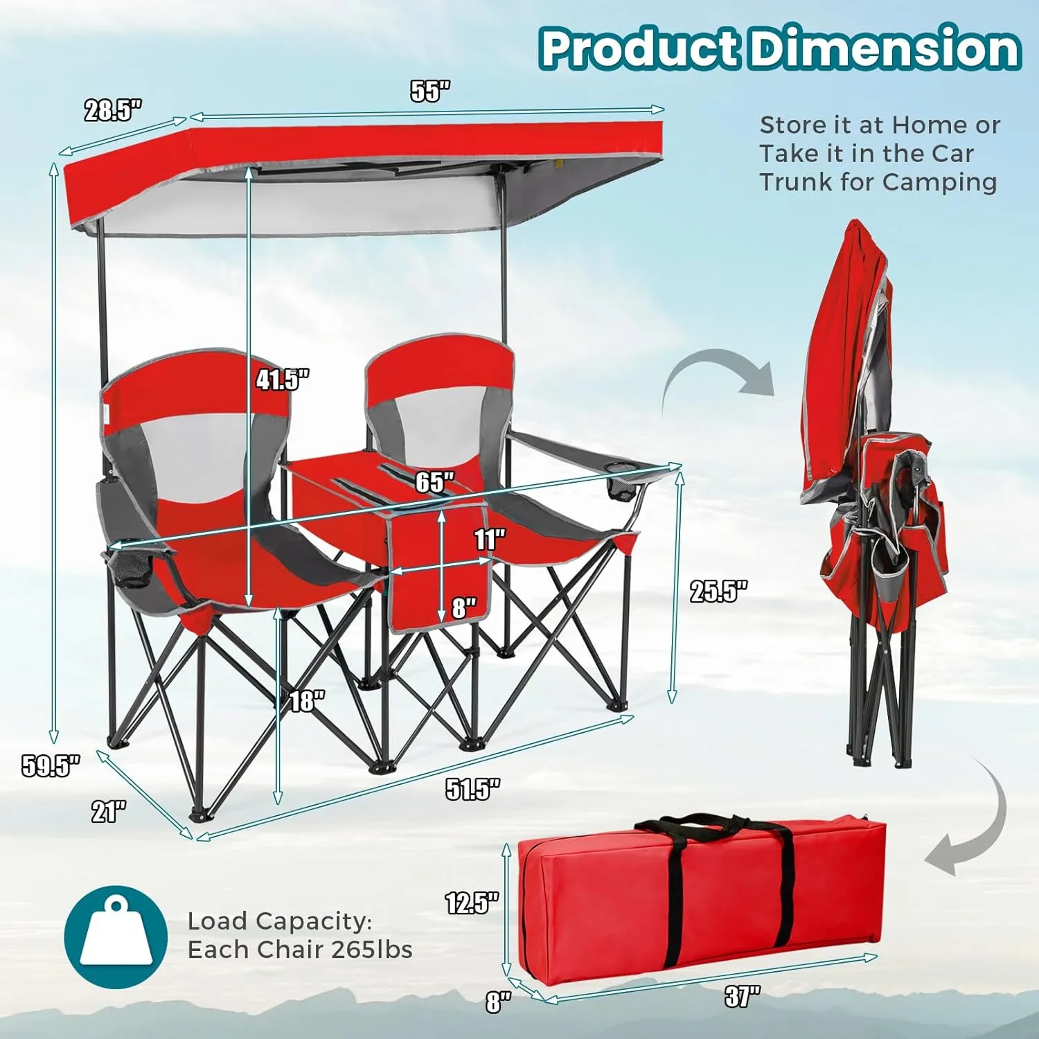 KOTEK Double Camping Chair with Canopy, 2-Person Canopy Chair with Mini Table Cup Holder, Cooler Bag & Carry Bag, Outdoor Folding Chairs for Beach, Lawn, Sports and Outside Activities (Red)