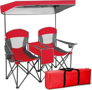 KOTEK Double Camping Chair with Canopy, 2-Person Canopy Chair with Mini Table Cup Holder, Cooler Bag & Carry Bag, Outdoor Folding Chairs for Beach, Lawn, Sports and Outside Activities (Red)