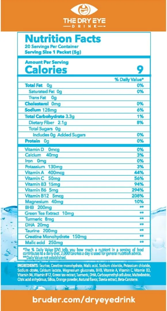 l Ultimate Hydration for Dry Eyes l Sugar-Free Electrolyte Powder Packets l Blended with Vitamins, Green Tea, Turmeric, Taurine, and DHA l 5g x 20 Packets (Orange)