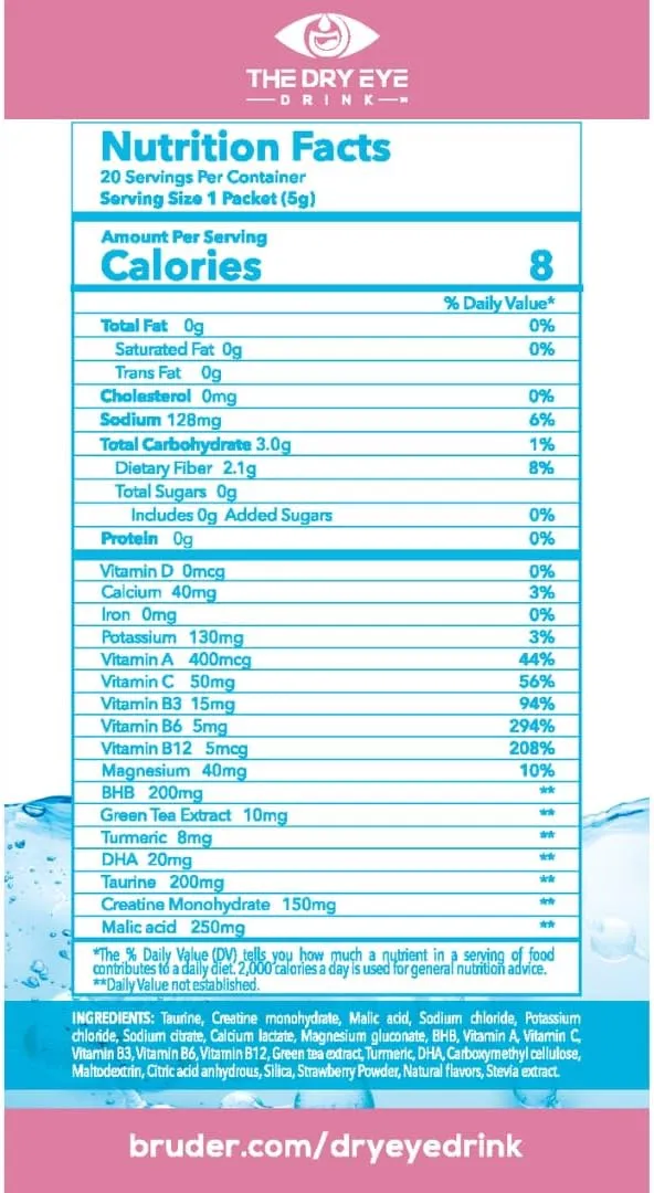 l Ultimate Hydration for Dry Eyes l Sugar-Free Electrolyte Powder Packets l Blended with Vitamins, Green Tea, Turmeric, Taurine, and DHA l 5g x 20 Packets (Strawberry Lemon)